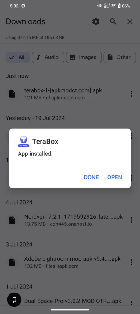 Installation completed of TeraBox mod Apk