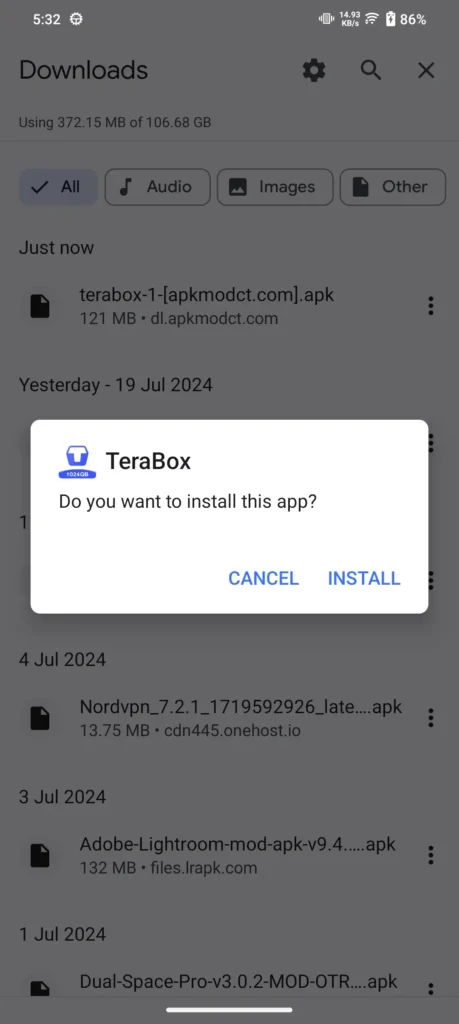 Select the terabox Mod Apk file